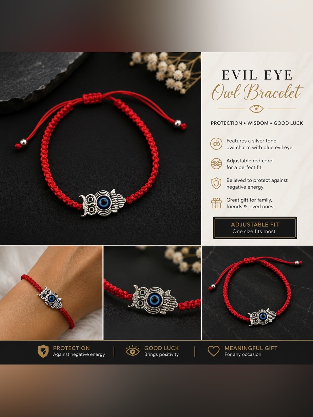 Evil Eye Owl Bracelet – Red Cord Women's Bracelet